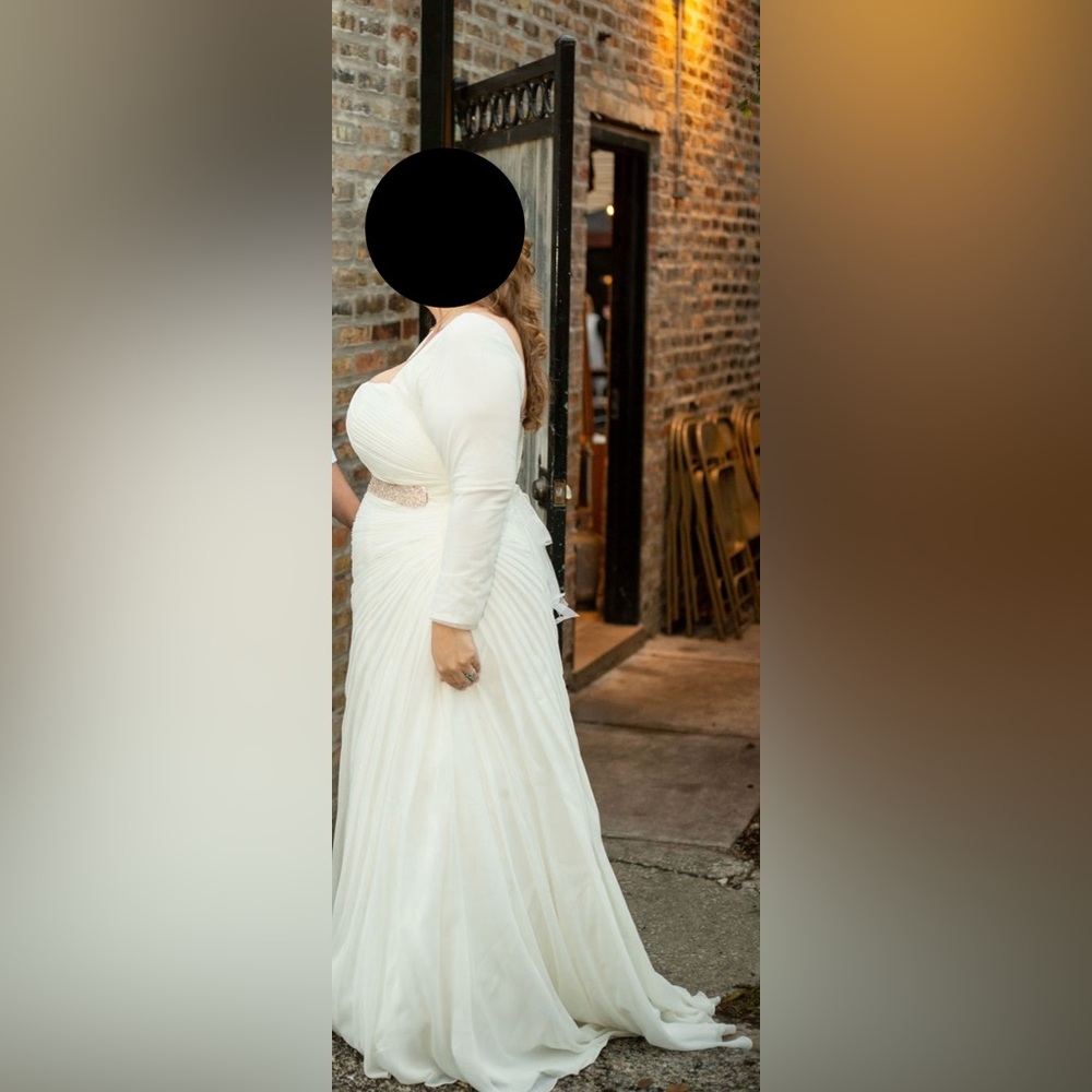 David's Bridal White Long Sleeve Chiffon Wedding Dress with Beaded Belt - Picture 2 of 12
